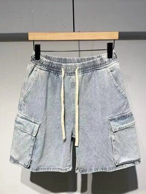 Men's Full Size Elastic Waist Washed Denim Cargo Shorts Plus Size